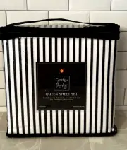 Cynthia Rowley Striped QUEEN Size Sheet Set Black and White Stripe NEW