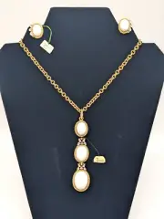Trifari Crown Necklace Earrings Cavalier White Lucite Triple Drop Cabochon Gold