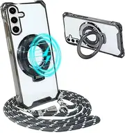 Belzsxy Magnetic Mobile Phone Chain for Samsung Galaxy A54 with Strap [Compatible with Mag-Safe] Camera Protection Electroplating Transparent Silicone Case Removable Cord for Hanging Mobile Phone Case