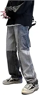 [Generic] Men Patchwork Retro Panelled Youthful Straight Loose Daily Male Vertical Denim Trousers
