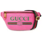 【GUCCI 古馳】527792 經典GUCCI PRINT復古圖案牛皮綠紅綠織帶胸腰包/斜背包(桃粉色)