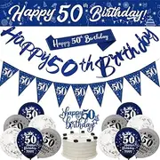 50th Birthday Decorations,Navy Blue Silver 50th Birthday Banners for Men, Happy 50th Birthday Party Decorations,Birthday 9ft Banner Confetti Latex Balloons Bunting Sash Triangle Flags Cake Toppers