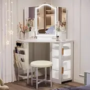 Dystler Corner Dressing Table with Mirror and Lights, Makeup Vanity Desk with 3 Lighting and Charging Station, Vanity Set with Stool, Women’s Vanity for Bedroom, White