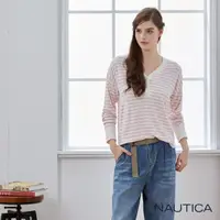 在飛比找momo購物網優惠-【NAUTICA】女裝 經典條紋V領長袖T恤(粉色)