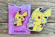 Pikachu Drinking Boba Milk Tea - 2 Inch Acrylic Keychain Charm & 3 Inch Sticker