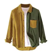 Nevenka Mens Corduroy Shirt Patchwork Button Down Jacket with Chest Pocket-Green