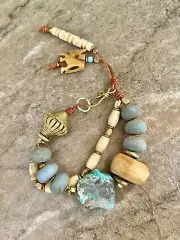 Boho Bracelet Rough Amazonite, Java Glass and African Tribal Beads