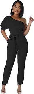 [Generic] Women’s Casual One Shoulder jumpsuit Puff Short Sleeve Tie Waist Long Romper With Pockets