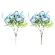 5 Branch Artificial Silk Peony Hydrangea with Stem, 2 Pack Fake Flowers, Blue