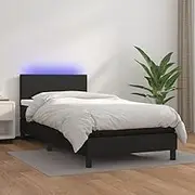 vidaXL Faux Leather Box Spring Single Bed with Mattress & LED Strip, Adjustable Headboard, Black 100x200cm, Stain-Resistant, Durable