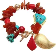 LAnGSHAW Natural 6x22mm Amber Rough Blue Turquoise Red Coral Charm Bracelet 8"