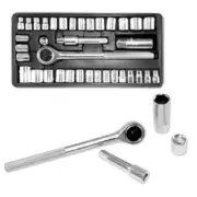 40pc SAE & Metric Sockets Set 1/4" & 3/8" w/ Ratchet & Case 6pt New Hand Tools