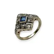 Blue Sapphire and Old Cut Diamonds Antique Style Ring in Solid 14k White Gold