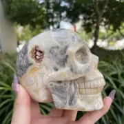 970g 105mm Natural Crazy Agate Skull Figurine Quartz Crystal Carving Decor