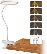 CUHIOY Desk Lamp with Clamp, Portable Cordless Rechargeable Clip on Reading Light, Eye-Caring LED Dorm Bunk Bed Light, 5 Colors 5 Brightness Flexible Neck Architect Lamp for Studying Crafting (White)