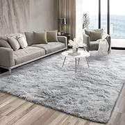 Leesentec Area Rug Super Soft Indoor Modern Shag Shaggy Silky Smooth Rugs Fur Fluffy Anti-Skid Carpet Living Room Dining Room Bedroom Floor Mat (Grey White, 185X185cm)