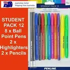 Highlighters Ball Point Pens Pencils Erasers 12 Pcs Student Pack PENLINE Bulk