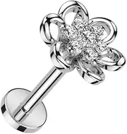 [Pierced Owl] 16GA 316L Stainless Steel Hollow Flower with CZ Crystal Center Internally Threaded Stud