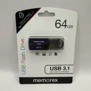 64GB USB Flash Drive MEMOREX Black 64 Gigs 3.1 10x Faster than 2.0 New on Card