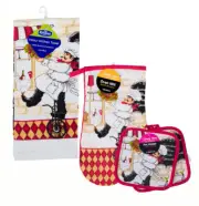 Fat Italian Chef Themed Oven Mitt, Towel & Potholders 4PC Set Home Kitchen Decor