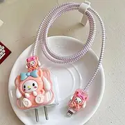 3D Pack of 2 Cartoon Charger Protector for iPhone 18W 20W iPhone 14 13 12 11 Pro Max Charging Cable Charger Head Cover Cable Accessory Data Cable Protective Sleeve (Pink Teddy)