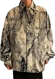 [Bciopll] Men Long Sleeve Buttoned Turn-Down Collar Loose Shirt Mens Clothing Print Streetwear