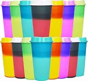 Yisituo 16oz Reusable Coffee Cups with Lids, Plastic Tumblers, 15 Pack Colour Changing Travel Mugs, for Home, Car, Beach, Camping, and Party (15, Bright)