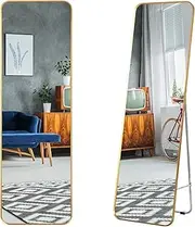 Coat Stand Full-Length Mirror 2 in 1 Standing Mirror & Wall Mirror Modern Wardrobe Mirror Mirror with Metal Frame Adjustable & Free-Standing for Bedroom & Living Room & Shop (Gold)