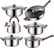 Topyond Stainless Steel Pots and Pans Set 12PCS Nonstick Induction Cookware Set with 3L Kettle, Dishwasher Safe PFOS PFOA no for Home Kitchen