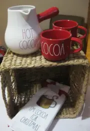 RAE DUNN White COCOA POT Pitcher 2 RED STACKABLE COCOA MUGS 3 COCOA TOWELS NEW