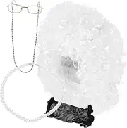 Healvian 1 Set Old Lady Cosplay Set White Curly Wig Wig Cap Gold Frame Glasses Necklace Chain for Parties Halloween Role Play Stage