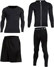 [GUANYUA] Men Compression Black 4Pcs,Men Shorts + Long Sleeve + Men's Jackets + Boy Fitness Long Pants Gym Clothing Set, Quick-Drying Men's Sportswear black-4pcs-M