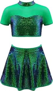 [FEESHOW] Girls Sequins Lyrical Ballet Dance Dress Jazz Contemporary Costume Sparkle Crop Top with Skirt Set