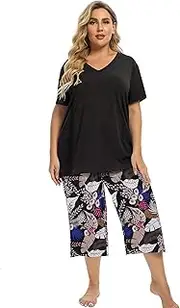 [Vozanet] Women's V Neck Sexy Pajamas Capri Sets Mexican Style Floral Sleepwear 2PCS Totem Casual Nighty Plus Size M to 5XL