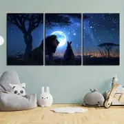 3pcs Lion & Rabbit Under Moonlit Sky Starry Night Print 100% Australian Made 3 x 40x60cm (Metal Print)