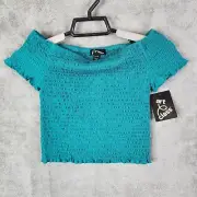 Girls Blue Top Short Sleeve Smocked Off Shoulder Art Class Size S (6-6X)