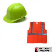 Hi-Vis Lime Green Cap Style Safety Hard Hat with Hi-Vis Orange Vest Construction