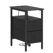Advwin LED Side Table Sofa End Table w/ Charging Station & 2 Drawer Narrow Bedside Table Black