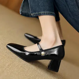 新款女鞋 小碼鞋女 威威女郎 9808-1方頭高跟鞋女一字帶氣質粗跟單鞋一字帶瑪麗珍鞋