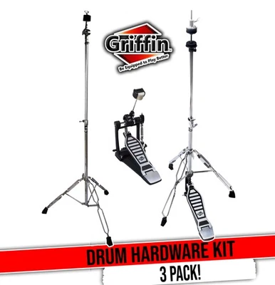 Hi-Hat Stand, Kick Drum Pedal & Straight Cymbal Stand Hardware Kit | Chrome Set