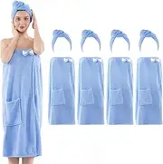 AUECOOME Spa Robe Bath wrap Towels for Women and Hair Drying Towel Waffle Spa Wraps with Pocket Adjustable Closure Lightweight Towel Wraps for Bath Shower (4, Blue)