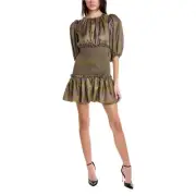 NWT Cynthia Rowley Ayln Smocked 100% Silk Twill Dress in Green Purple Multi Sz M