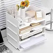 Desk Organizer and Storage,4-Tier Paper Letter Tray Organizer,Stackable White with 4 File Folder for Documents,Paper,Book Magazine Storage,Office Supplies (4, White)