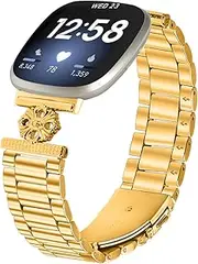 Metal Bands Compatible with Fitbit Versa 4＆Sense 2, Adjustable Casual Sport Replacement Strap Accessories for Fitbit Versa 3＆Sense bands women men (Gold, One Size)