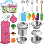 Kids Kitchen Pretend Play Toy Set, Stainless Steel Cookware, Utensils, 24 Pieces