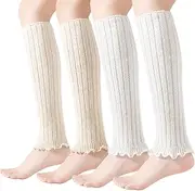 [Mcool Mary] 4 Pairs Leg Warmers for Women Winter Long Leg Warmers Ruffle Knit Soft Warm Long Boot Socks White khaki, 4pairs-(white,khaki)