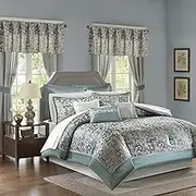 Madison Park Essentials Brystol 24 Piece Room in a Bag Faux Silk Comforter Jacquard Paisley Design Matching Curtains - Down Alternative Hypoallergenic All Season Bedding-Set, Cal King, Teal 24 Piece