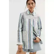 Anthropologie Maeve Oversize Denim Shirt XS Shacket Jacket Boho Patchwork Stripe