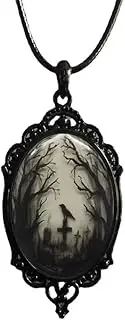 [YWMAN] Raven Cross Glass Pendant Necklace - Vintage Gothic Rope Chain Crow Choker - Mystic Witch Jewelry Gift Accessories, Zinc, No Gemstone