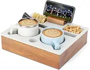 Couch Cup Holder Tray, Portable Silicone Acacia Wooden 2 Cup Holder for Couch, Serving Tray with 360°Rotating Phone Holder, Anti-Spill Couch Orangizer for Snacks Remote White